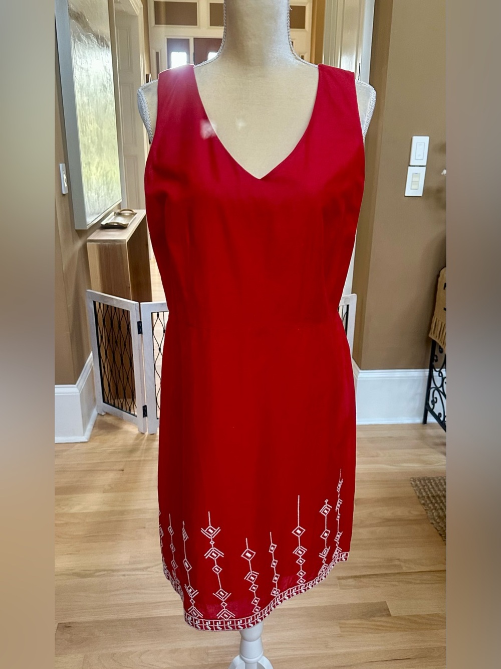 LOFT Red Sleeveless V-Neck Dress with White Geometric Trim